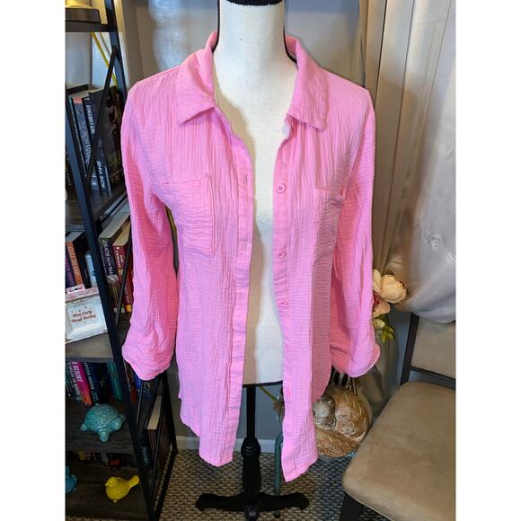 Nicole Miller Pink Textured Button Front Shirt Medium 100% Cotton Top - Picture 8 of 12